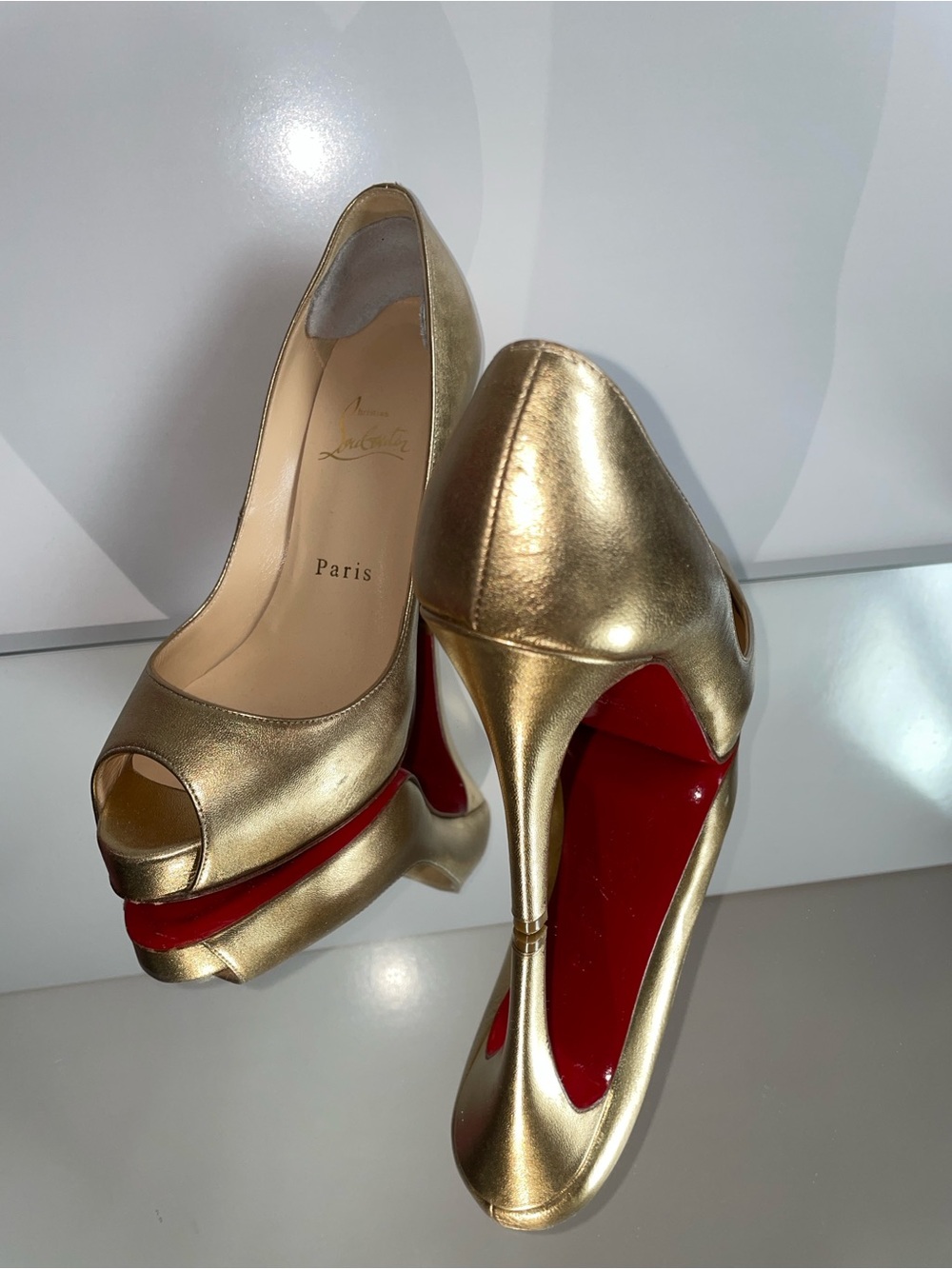 Christian Louboutin Gold Peep-Toe Platform Pump